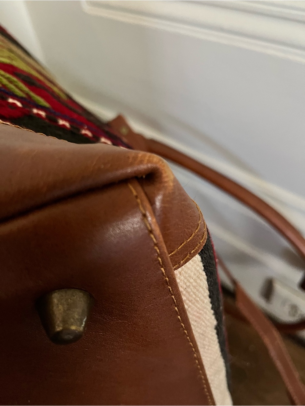 Kilim weekender Tote Bag with Brown Leather Trim - Red/Multicolor - Picture 8 of 8